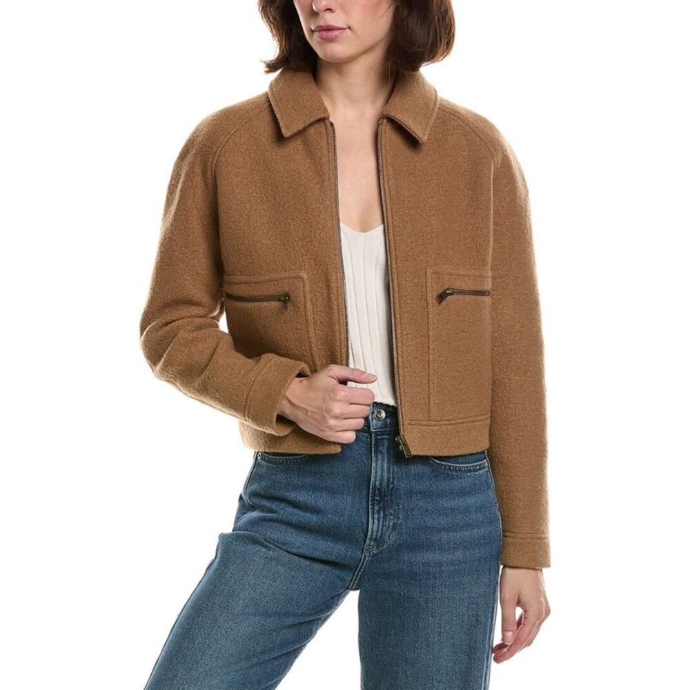 Frame Denim Womens Frame The Raglan Zip Front Wool Jacket, Brown